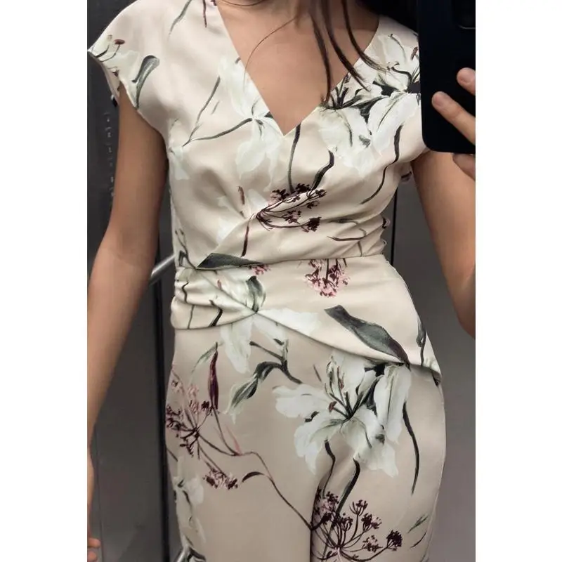 エレ ハイウエスト 花柄プリント シルクサテン オルト スベ Vネック 夏 カジュアルシック レディース ドレス ファッション トレンド