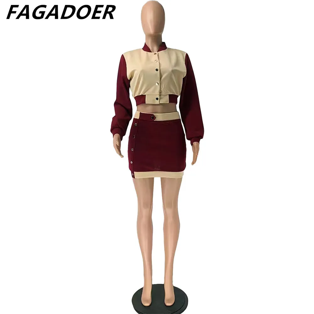 FAGADOER Winter Fall Outfits Women Patchwork Baseball Coat + Mini Skirts Sets 2 Piece Sets Womens Outfit Casual Streetwear Y2K