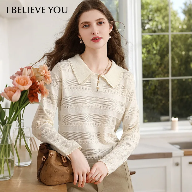 I BELIEVE YOU Women's Apricot Wool Knit Sweater 2026 Autumn Doll Collar Hollow Out Tops Elegant Long Sleeve Knitwear 2263146572