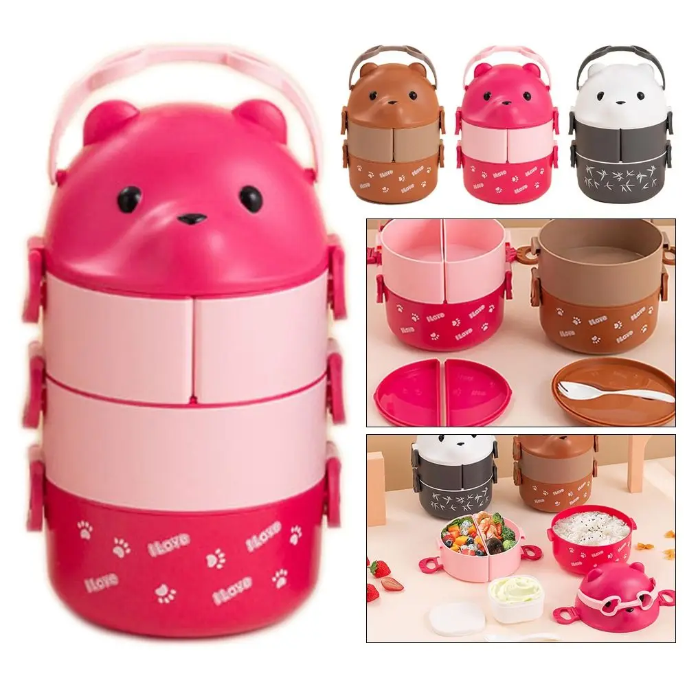 Fiambrera portátil de dibujos animados para niños, contenedor de almacenamiento de alimentos, Bento térmico con oso para gafas, 1/2/3 capas