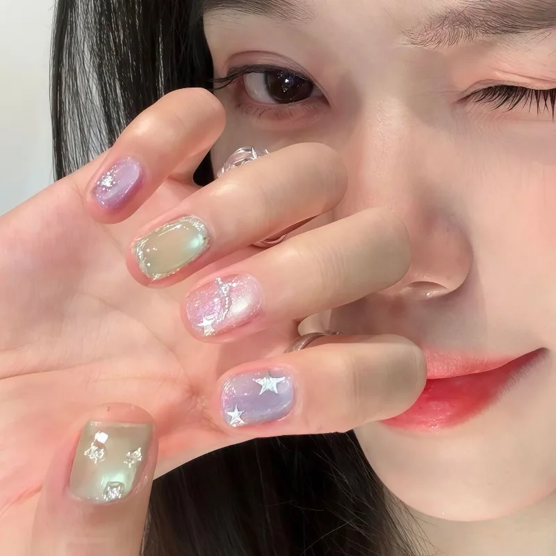 10Pcs Handmade Nails Dopamine-Inspired Instagram-Worthy Summery Transparent Cat-Eye Press-On Nails—Perfect As A Gift for Girls