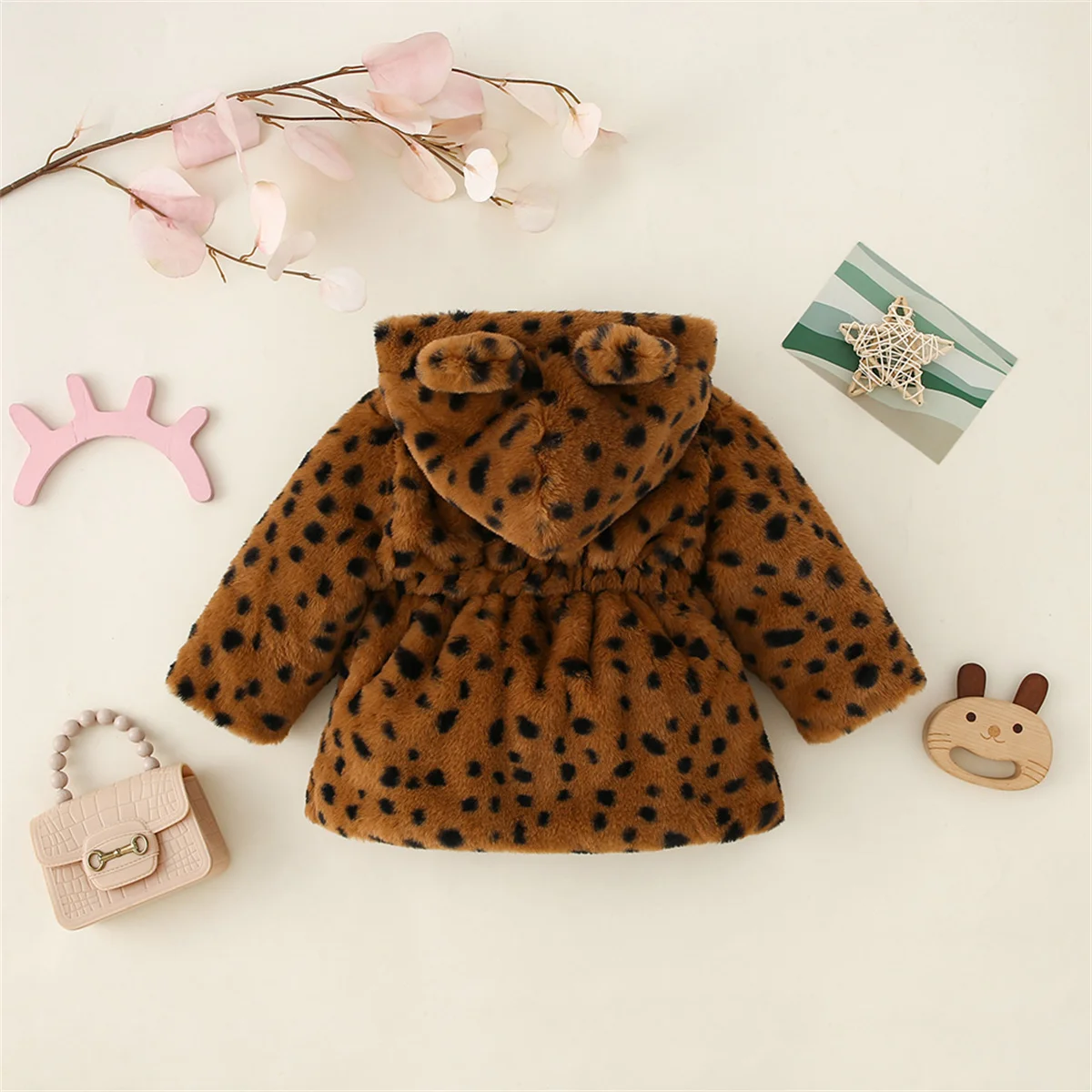 Baby Girl Personalized Winter Leopard Pattern Wool Sweater Girl Waist Hooded Zipper Fashion Coat Cartoon Cotton Coat