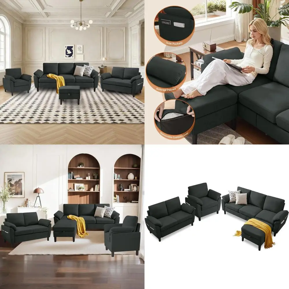 

4 PCS Convertible Sectional Soa, ern 3-Seat Soa with Storage Ottoman and Chair Set, Linen abric Sectional Couch or Living Room A