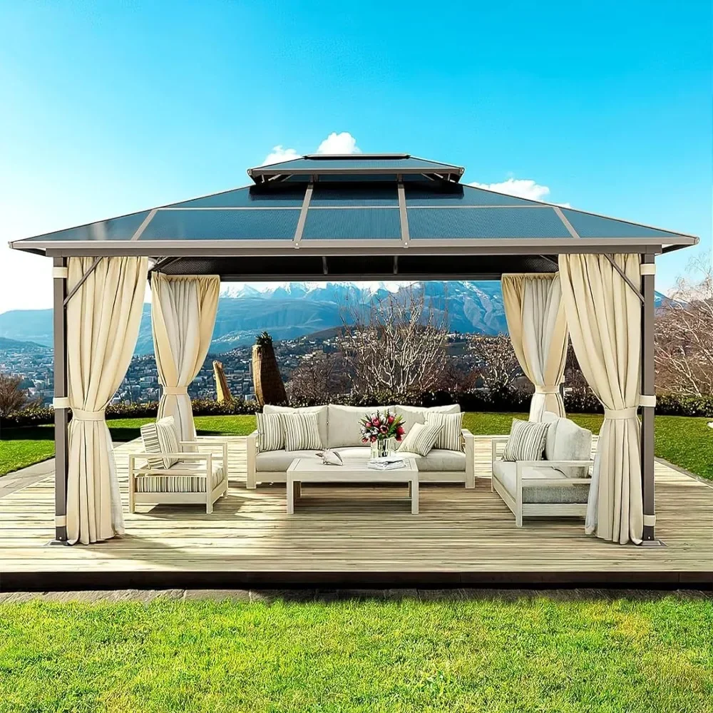 10'x13' Outdoor Patio Gazebo, Double Roof Gazebos with Aluminum Frame Permanent Pavilion and Curtains & Netting, Patio Gazebo