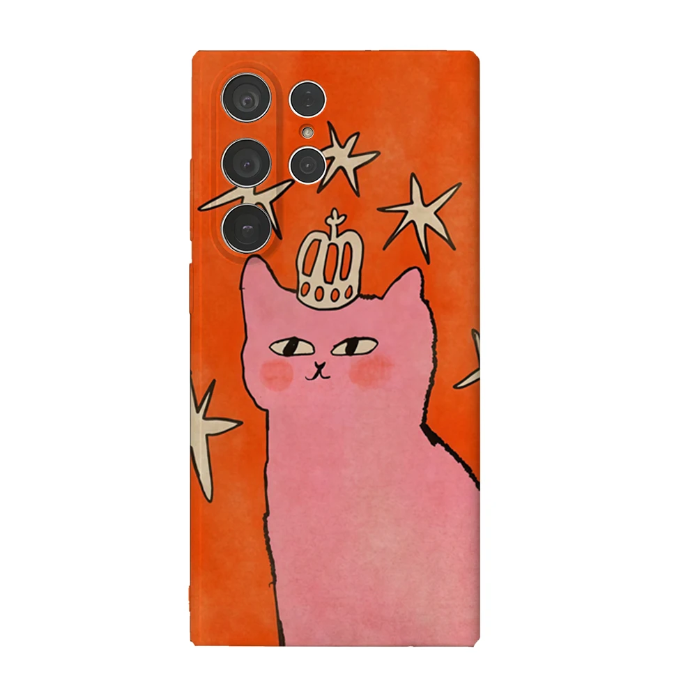 Rosa Katze mit einer Krone Handyhülle für Samsung Galaxy S25 S24 S23 Ultra Plus A35 A296 Glänzende HD Hard Cover Film Shell