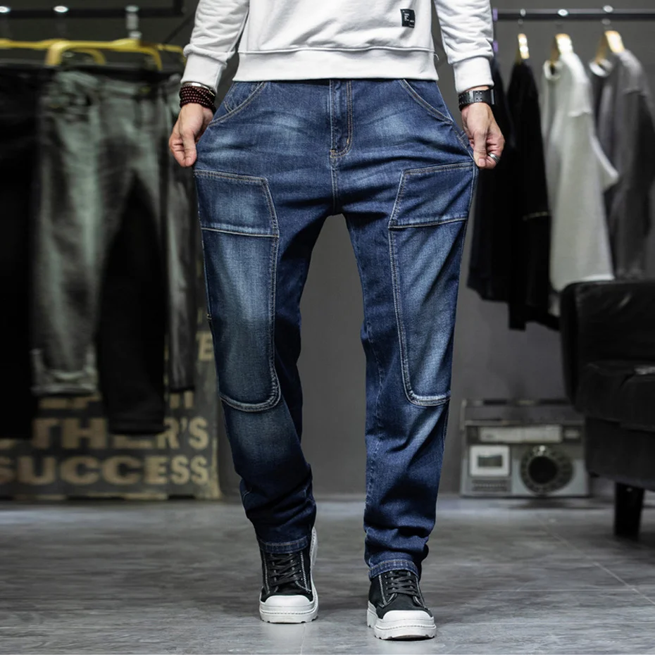 44 Plus Size Jeans Men Denim Pants Fashion Casual Multiple Pockets Cargo Jeans Male Baggy Jeans Big Size