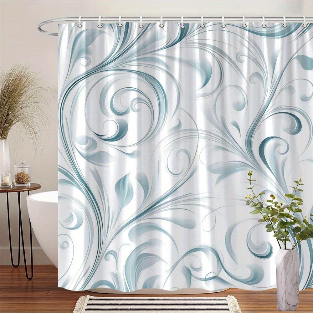 

1 Elegant Teal and White Abstract Swirl Shower Curtain - Sleek Curves, Polyester Fabric, Hooks, Machine Washable