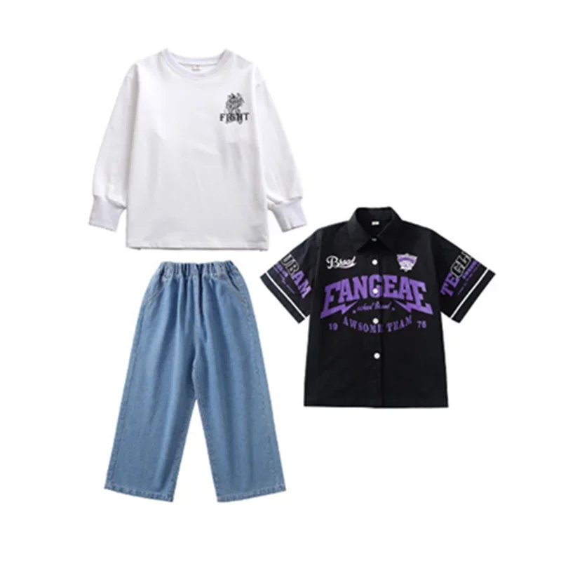 Boys Hip Hop Short Sleeve Shirt Baggy Jeans Girls Street Dance Jacket Loose Pants Clothes Set Kids Streetwear Child Jazz Costume