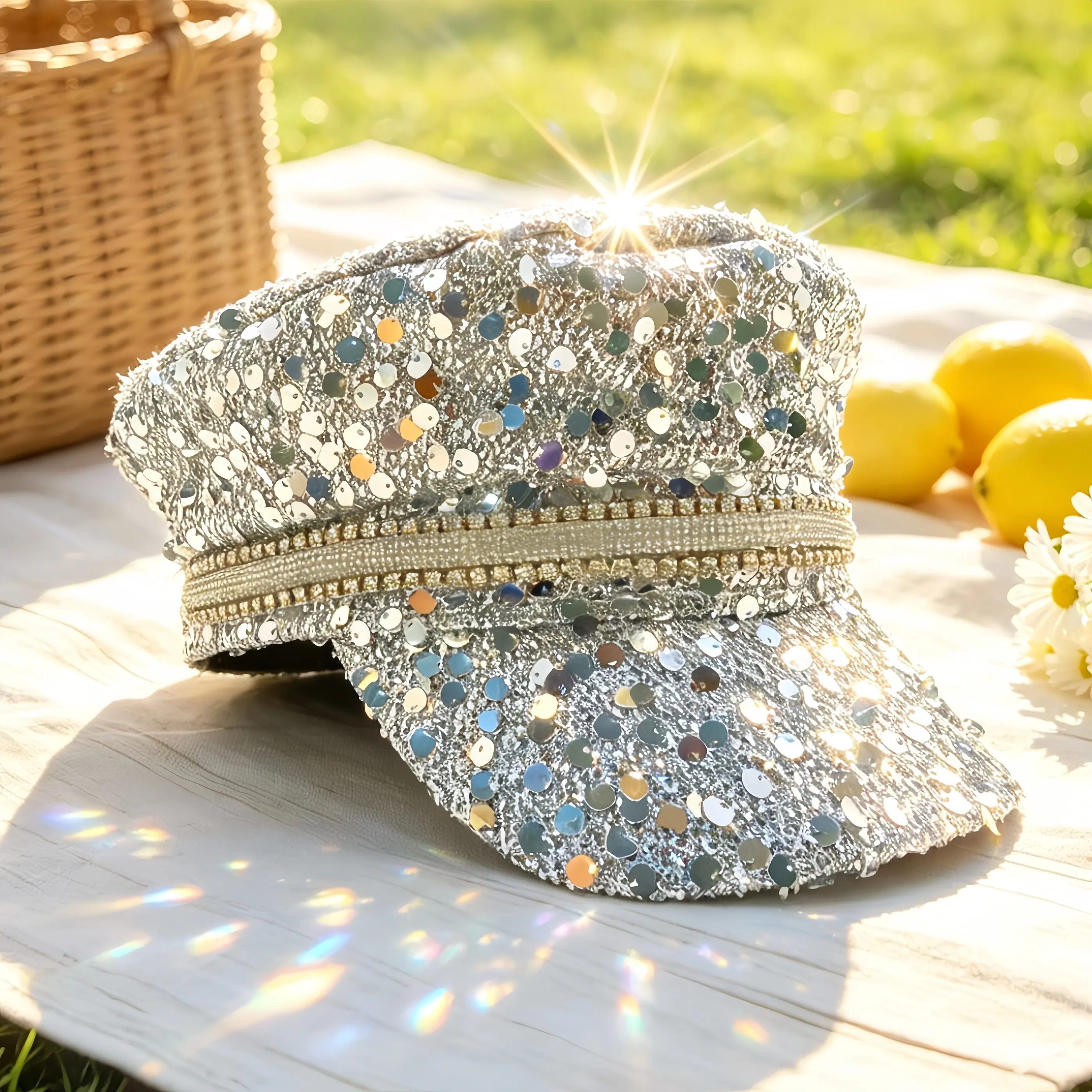 

Steampunk Captain Hat Rhinestone for Music Festival, Halloween, Disco, Burning Man, Vintage Military Cap for Men & Women