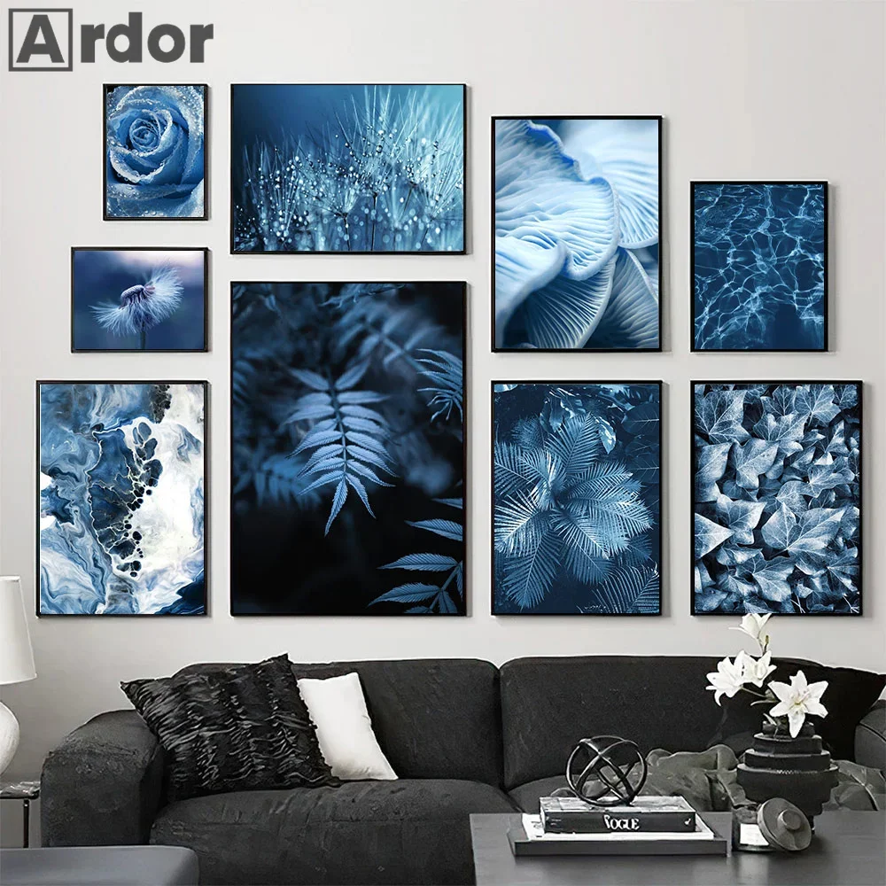 Blue Dark Navy Leaf Rose Canvas Painting Flower Dandelion Print Picture Plant Art Poster Nordic Pictures Living Room Wall Decor