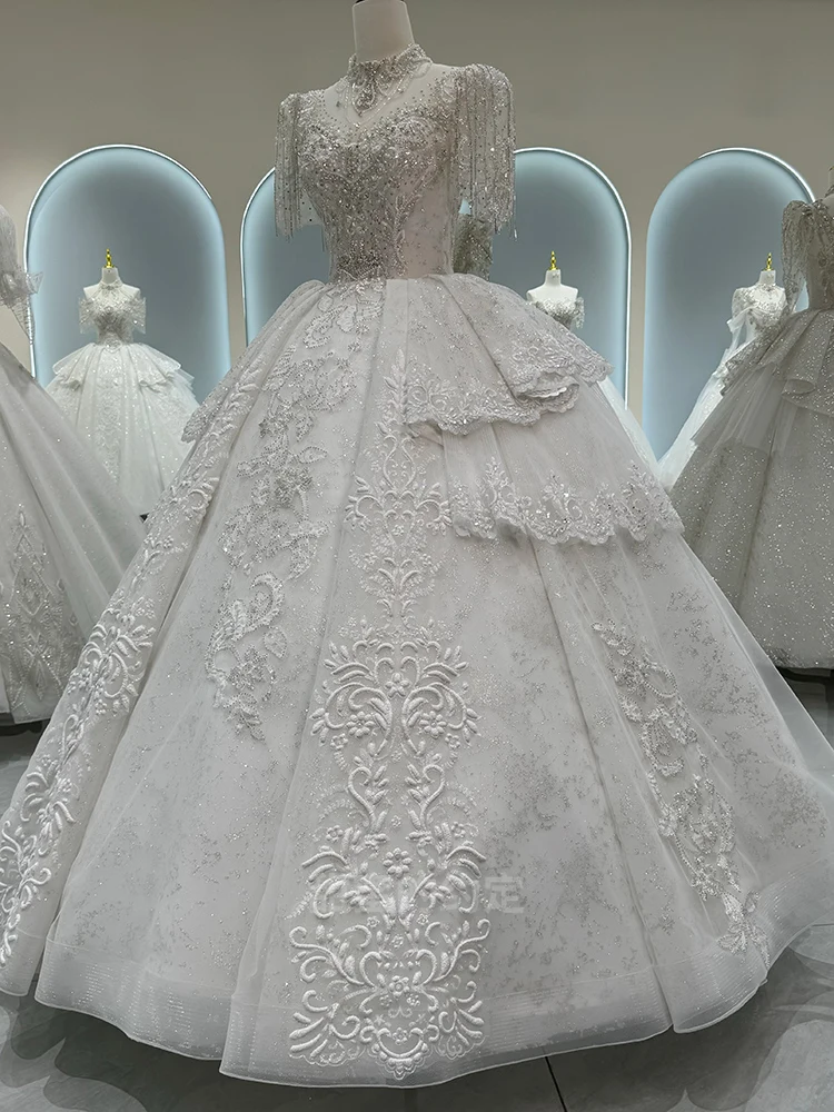 Abiti da sposa di lusso a maniche corte Applicazioni di paillettes Perline fatte a mano Abiti da ballo principessa estivi Vestido De Novia personalizzati