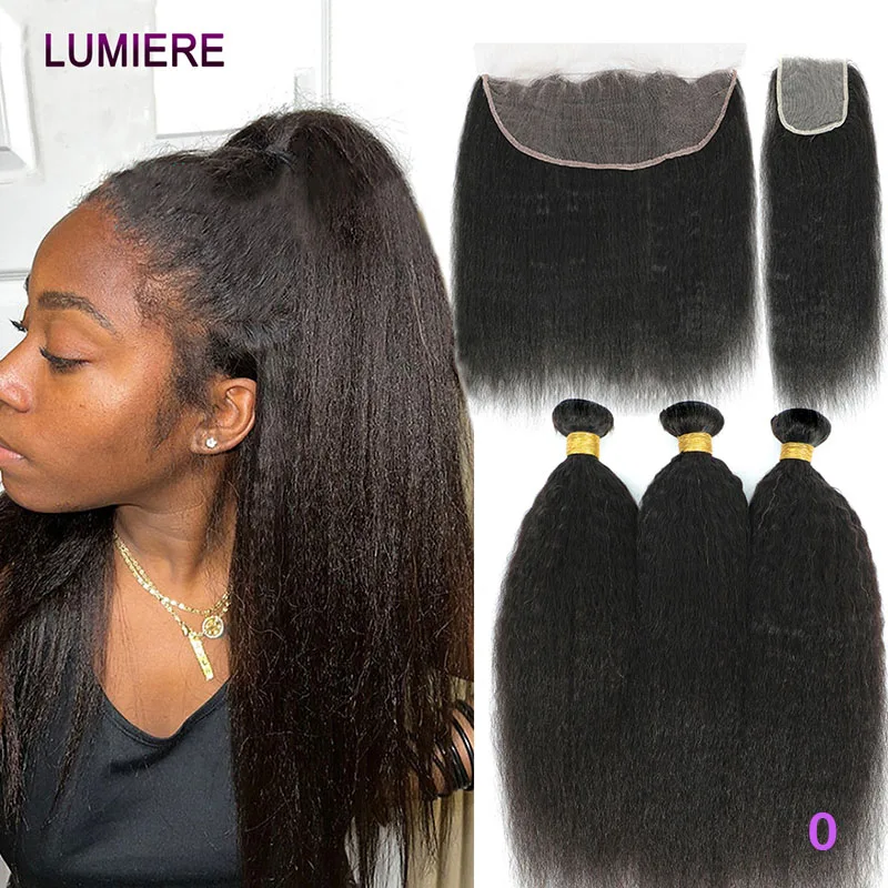 Kinky Yaki Glattes Echthaar 3/4 Bündel mit 13x4 4x4 HD Transparenter Lace Closure Frontal Jungfräuliche Echthaar-Extensions