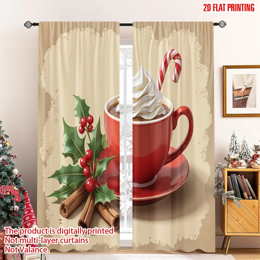 

2pcs 2D flat printing Christmas Curtain Hot Chocolate Candy Cane Holly Polyester Without Electricity Family Party Use for