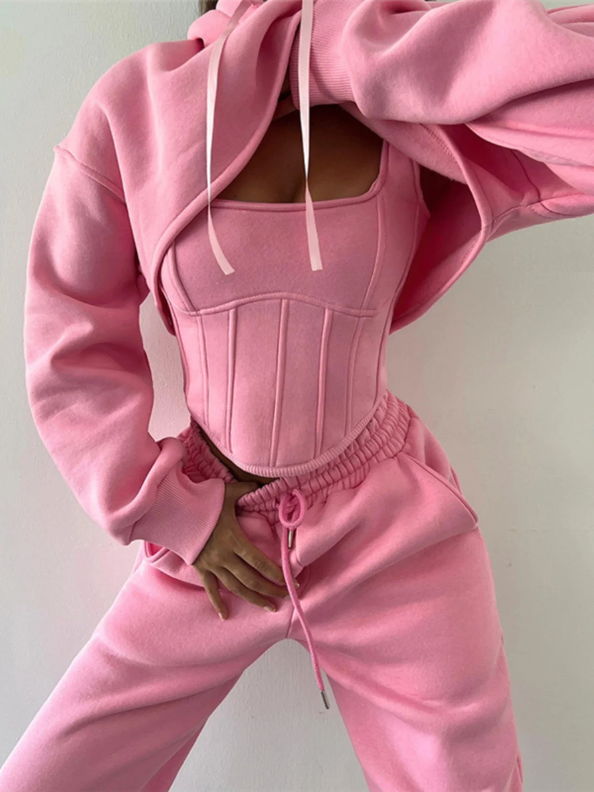 

Fall 2024 Women's Hoodie Cover up Strap Vest Waist Belt Long Pants Three Piece Set Fashionable Casual Outfit Long Sleeve