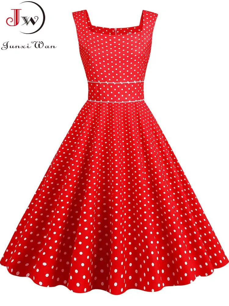 فساتين متوسطة الطول أنيقة للنساء صيفية بياقة مربعة فستان عتيق منقط بحزام سباغيتي عالي الخصر فستان صيفي للحفلات #5