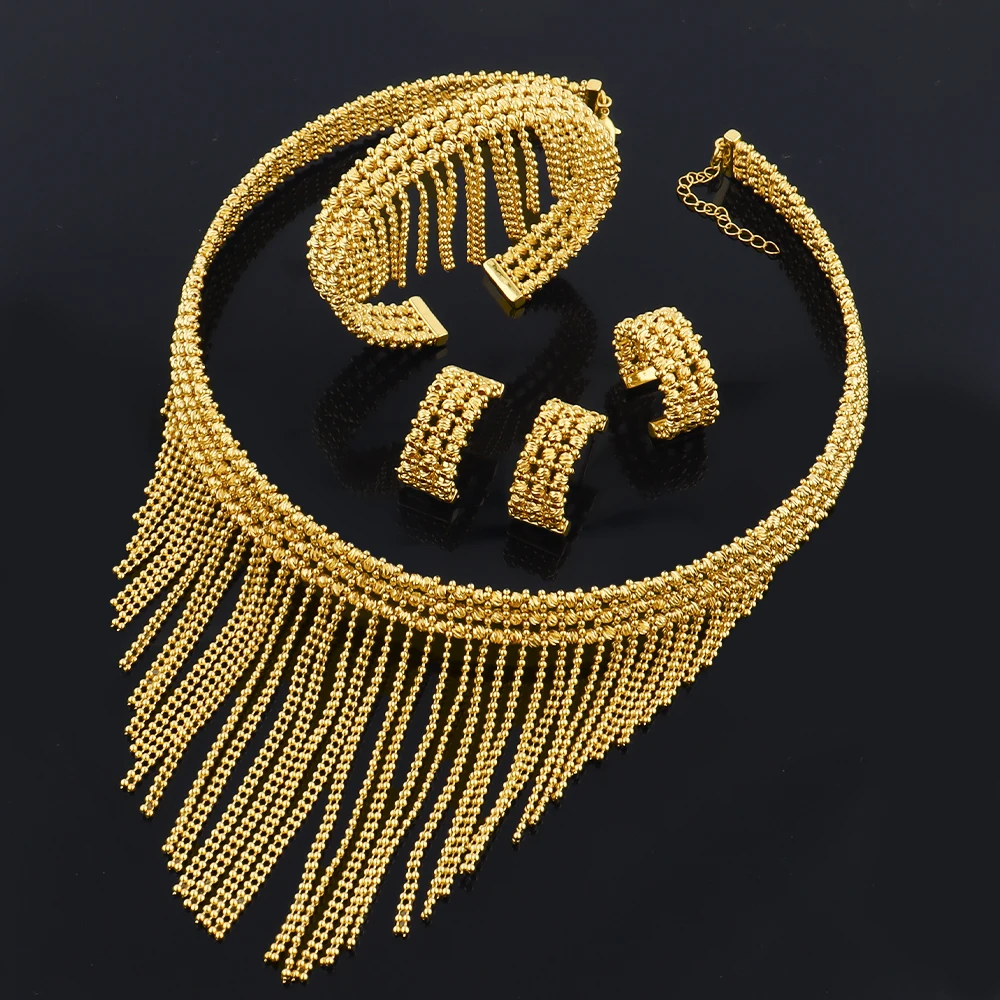 

Luxury 24K Gold Plated Jeweler Necklace Bracelet Ring Earrings Set for Women Bride Charms Jewelry Set Gift for Party Wedding