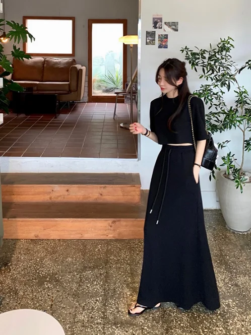 Chic Summer New Pure Color ort Sve T-irt High Waist Wide Leg Casual  Skirt Versatile High Waist Belted Wide Leg Ca...