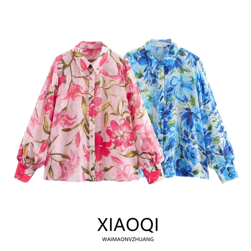 

Spring 2025 Women's Fashion Long Sleeve Printed Shirt Loose Fit Casual Turn-down Collar New Arrival Floral Patterned Drapey S...