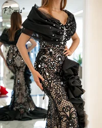 Vestido de noche Formal de sirena negra con hombros descubiertos, traje de baile de graduación con cuentas de cristal, volantes, pasarela, celebridad, ceremonia, evento, talla grande, nuevo