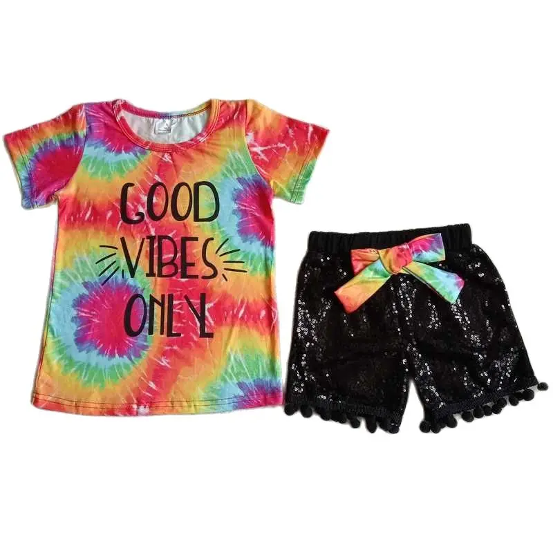 Wholesale Good Vibes Only Baby Girl Kids Summer Infant Clothing Tie Dye Letter Top Black Sequins Shorts Outfit Children Kids Set