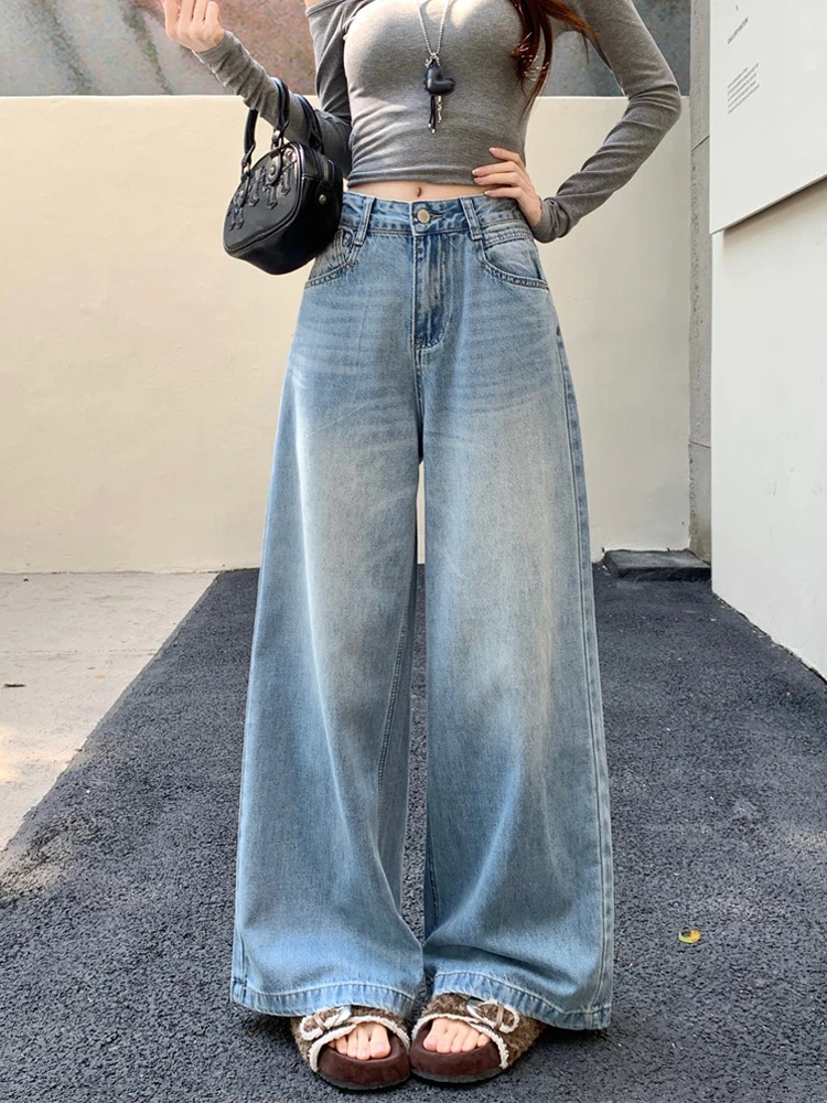 

High Waist Straight Leg Vintage Washed Denim Jeans Women's Spring 2026 New Style Slimming Wide Leg Long Pants Floor-Length