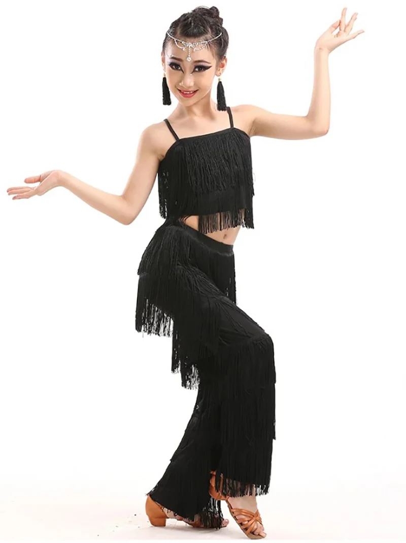 Kids Girls Latin Dance Set Competition Ballroom Party Tassel Dancewear Pants and Top Fringe Latin Jazz Dancing Costumes 10 Color