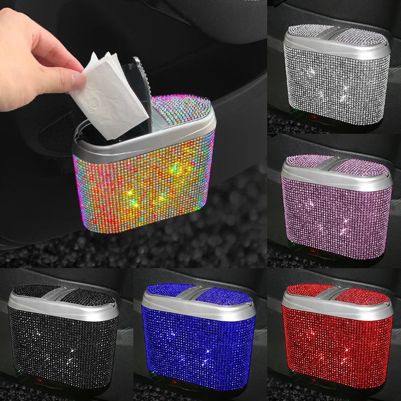 Rhinestone Crystal Car Trash Can Auto Supplies Storage Box Garbage Grabber Square Pressing Auto Trash Bin Bling Car Accessories