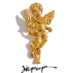 Yhpup 316L Stainless Steel Metal Angel Blow Horn Brooch Pin for Women Individualistic Clothing Accessories Gift Chic Jewelry