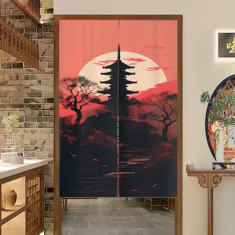 VIKAMA Japanese Noren Door Curtain Oriental Ancient Pagoda Landscape Kitchen Bedroom Partition Home Decor