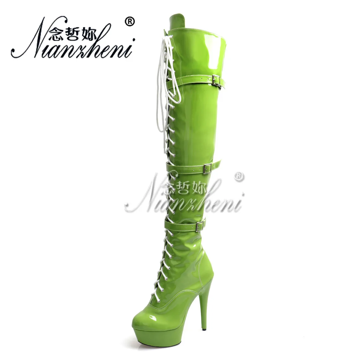 

Catwalk Green Big Size Platform 6Inch Round Toe Belt Buckle Over The Knee Boots Sexy Thin Heels 15cm Women Gladiator Pole Dance