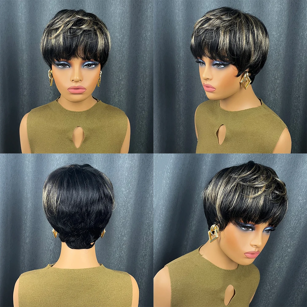 Светлые блики, бразильские человеческие волосы, прямой короткий парик с стрижкой пикси, многослойный с предварительно выщипанной челкой для женщин, машинное производство