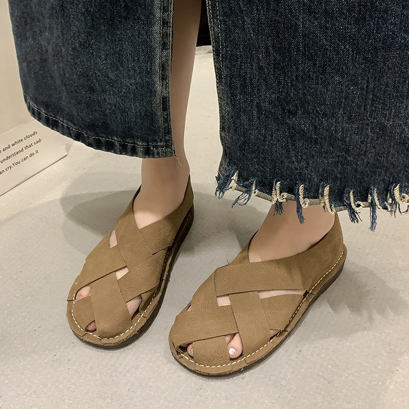 

2024 New Retro Woven Flat Sandals for Women Summer Hollow Breathable Roman Shoes One-step Soft-soled Casual Flat Shoes Zapatilla