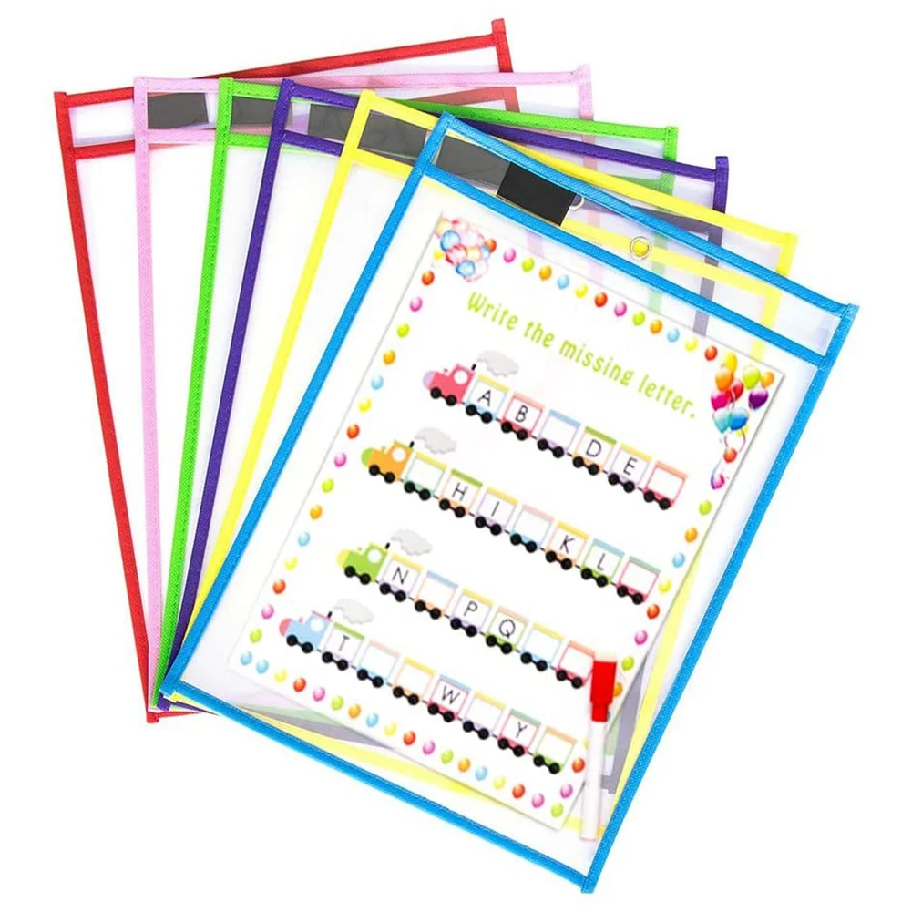 Reusable Dry Erase Pockets, 6 Pack Reusable Dry Erase Sleeves, Assorted Colors Sheet Protector, Dry Erase Pocket Sleeves