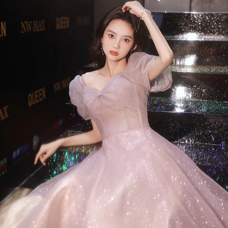 

Shiny Pink Bridesmaid Dresses Puff Sleeve Suqare Collar A-Line Pleated Formal Party Glitter Wedding Banquet Prom Evening Gown