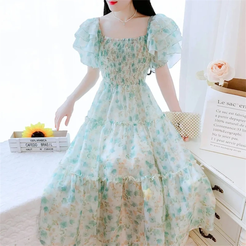 2024 Summer Women Dress Bohemian Floral Pleated Chiffon Dress Vintage Puff Sleeve Printed Draped Midi Beach Dresses Vestidos