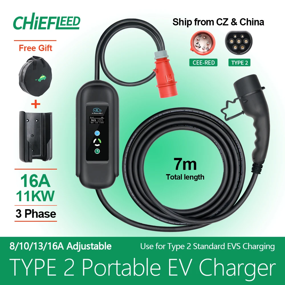 

Chiefleed Portable 11KW 16A EV Portable Charger Type2 IEC62196-2 Charging Box Electric Vehicle Cars Charger CEE Plug 7M Cable