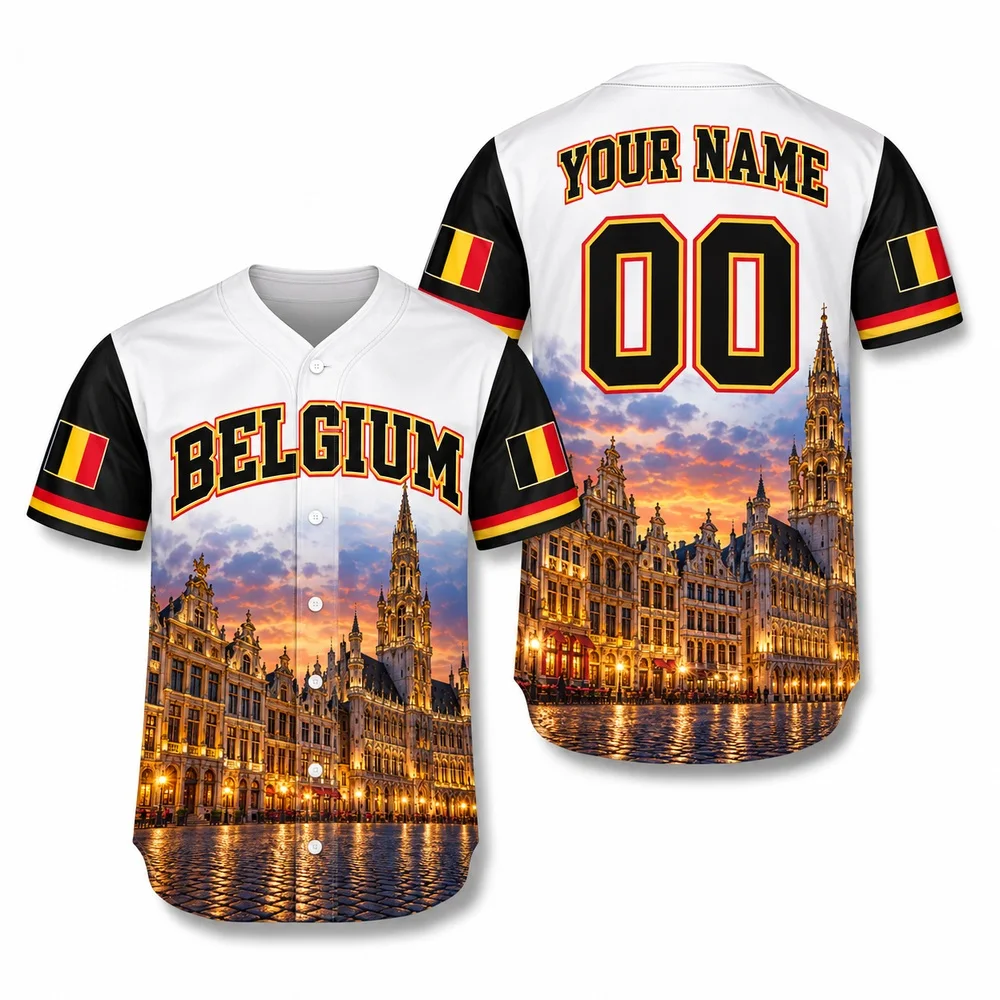 Belgium Black Gold Red Baseball Jersey with Canal Town Art Original Full Print Everyday Shirts and Printed Jerseys Shirt