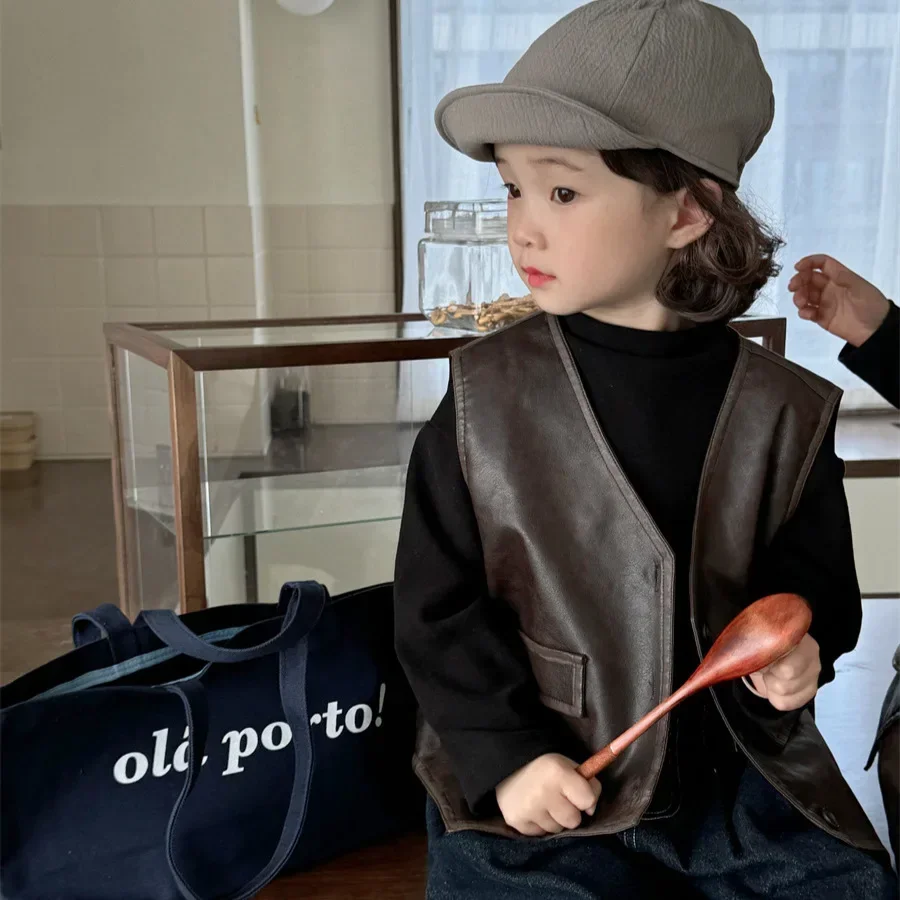 Kids Clothes Kids Coat 2024 Autumn New Solid Color Leather Vest Baby Boys And Girls Fashionable Leather Coat Kids Vest