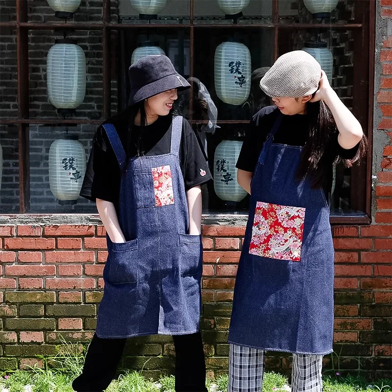 Japanese Cotton Denim Kitchen Apron Wear-resistant Men Women Barista Aprons With Pockets For Barbershop Painting Household