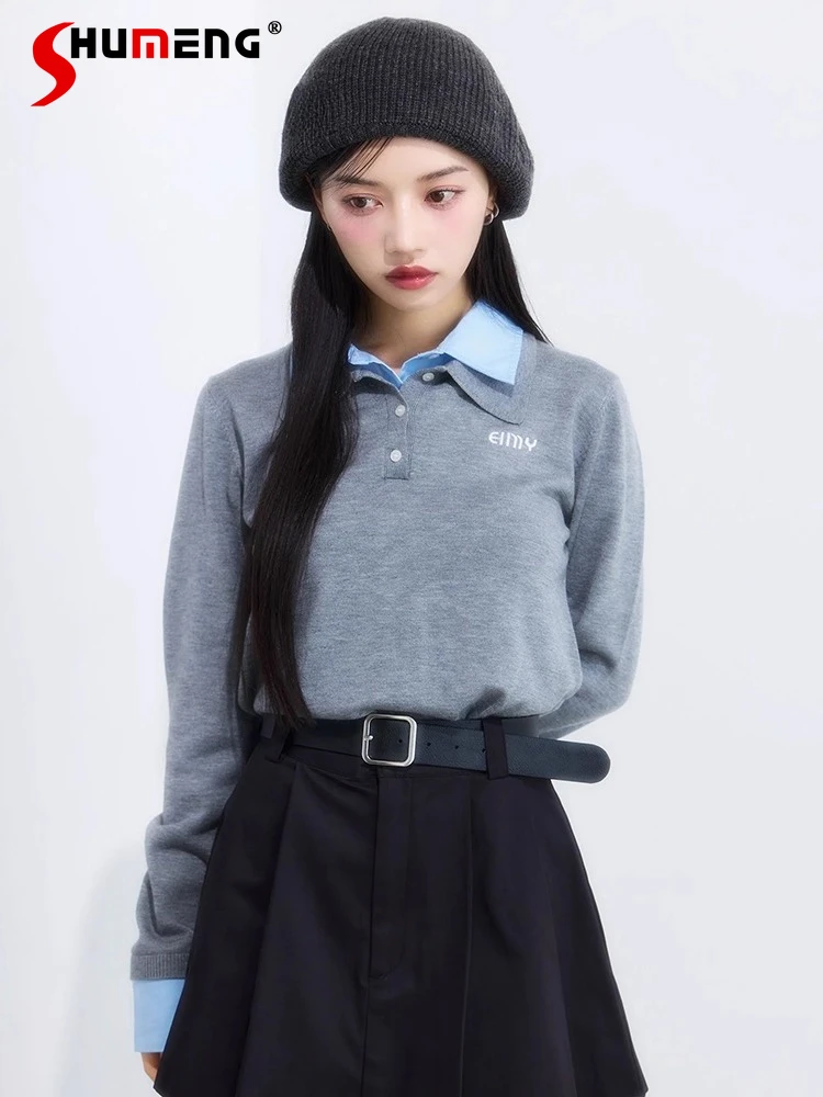 2025 Spring and Autumn Fashion Lady Japanese Style Fake Two-Piece Sweater Women's Polo Collar Knitted Long Sleeve Pullover Top