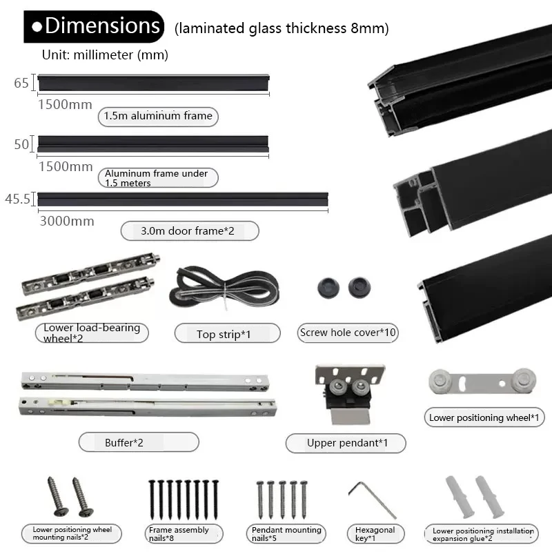 Porta deslizante Push-Pull para Banheiro e Cozinha, Extremamente Estreito, Trackless Fantasma, Vidro, Liga de Alumínio, Hardware