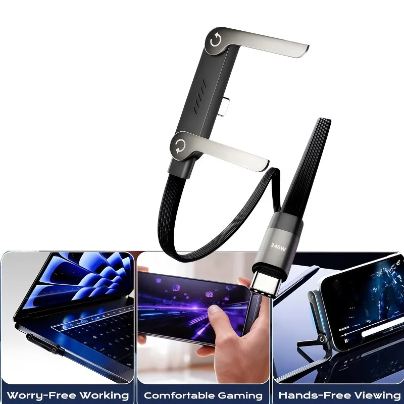 Câble de données pliable à charge rapide T23C 240W, câble de données Type-C vers Type-C PD avec support réglable pour téléphone et tablette