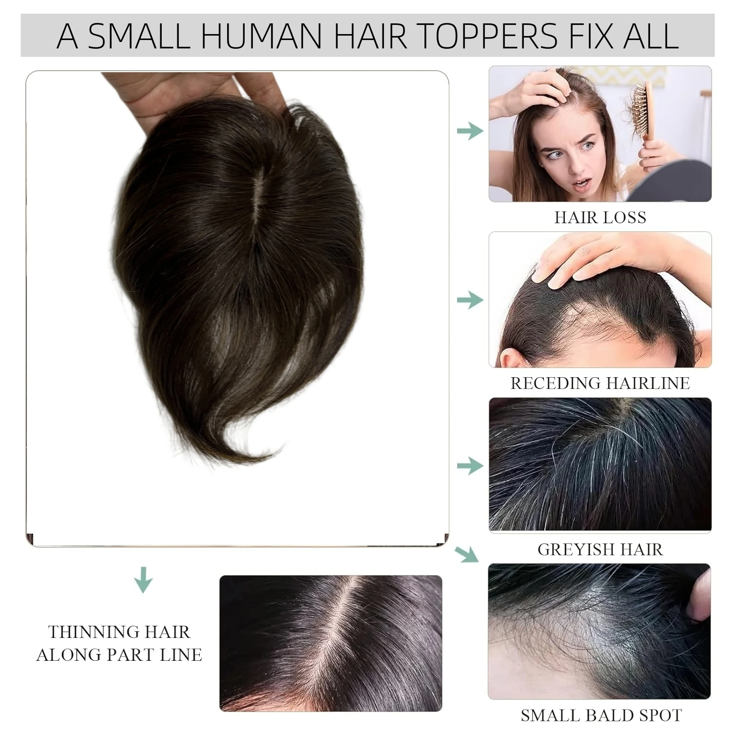 Topper per capelli corti da 15 cm per donne e uomini Piccoli toppers per capelli umani Clip-on posticci per diradare la linea di parti di capelli Facile da indossare