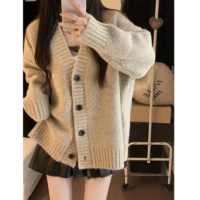 

Autumn Winter Knitted Cardigan Sweater for Women Soft V-neck Korean Fashion Loose Elegant Jacket Casual Long Sleeve Coats Top