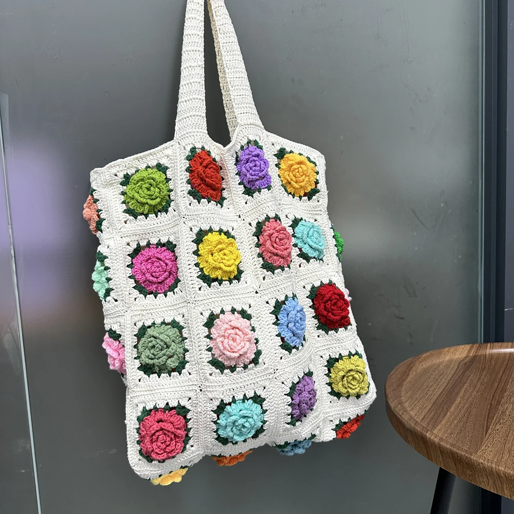 Original Square Handmade Crochet Beach Bag Classic 3D Rose Flowers Colorful Large Capacity Shopping Bags Shoulder Tote Bags Gift