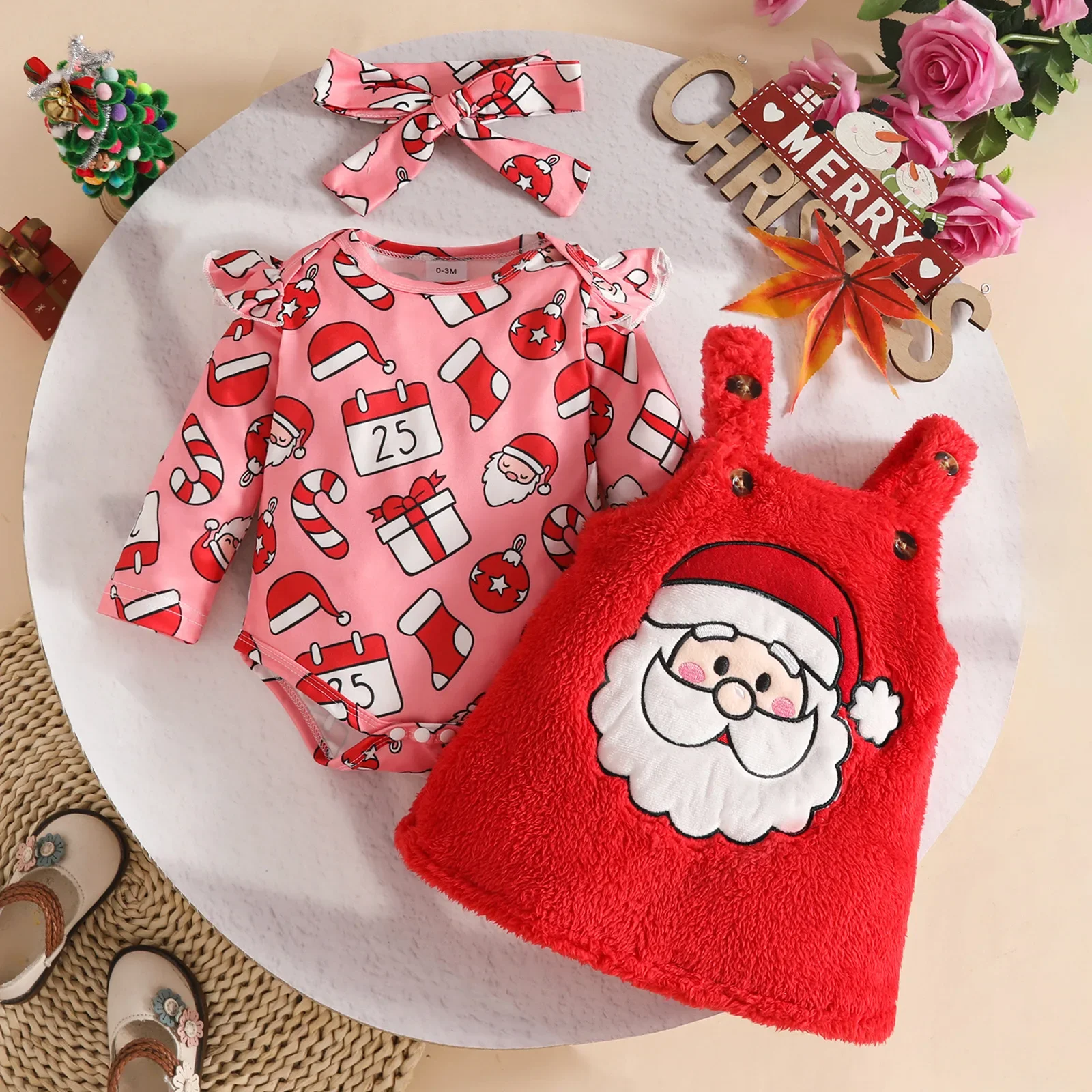 

Baby Girls Boys Christmas Outfit Sets 0-18M Plush Overall Dress and Long Sleeve Onesie and Headband Santa Print Festive Costume