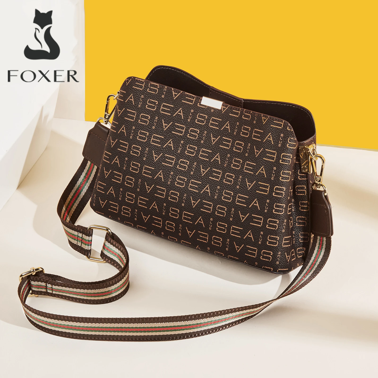 FOXER Women's Shoulder Bag PVC Leather Casual Tote Bag Large Capacity Retro Female Bucket Bag Office Work Crossbody Bag Purse