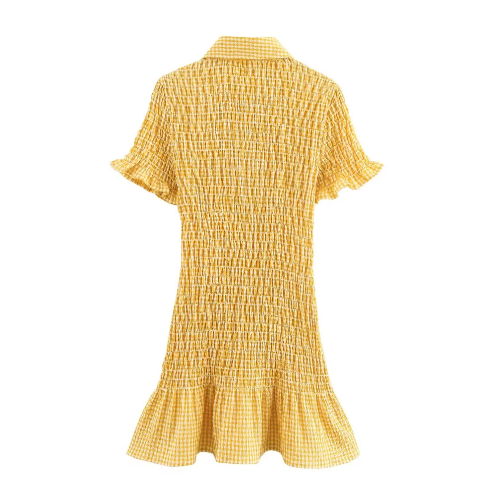 2025 BM MD ZA Women's Short - sleeve Yellow Gingham Shirt Dress with Ruffled Hem and Smocked Detail Cute and Trendy Summer Look