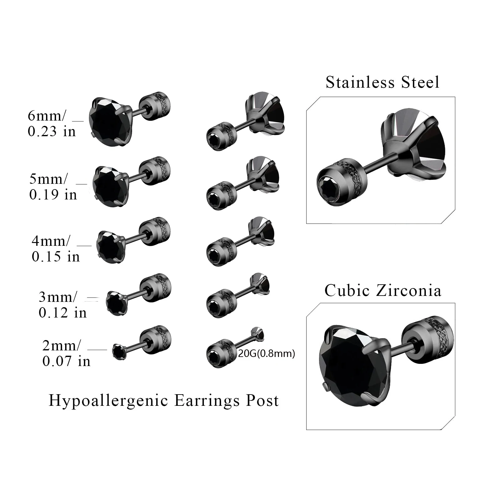 1 Pair Hypoallergenic Stainless Steel Black Cubic Zirconia Double Side Screw Back Piercing Stud Earring for Women Men 2-6mm