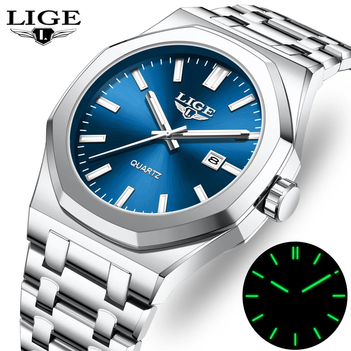 

LIGE Fashion Brand Male Watch Waterproof Luminous Stainless Steel Watches For Men Date Week Casual Quartz Men's Clock Reloj+Box